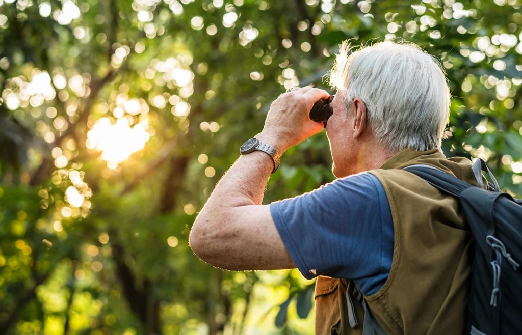An elderly man with a backpack looks through binoculars in a forest with dappled sunlight.