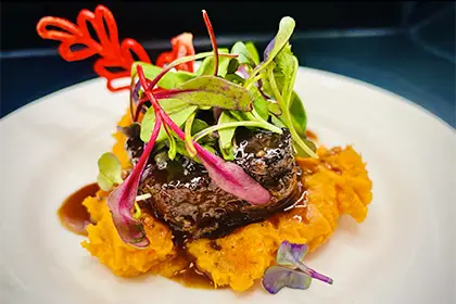 Braised meat served on mashed sweet potatoes, garnished with microgreens and a red decorative tuile on a white plate.