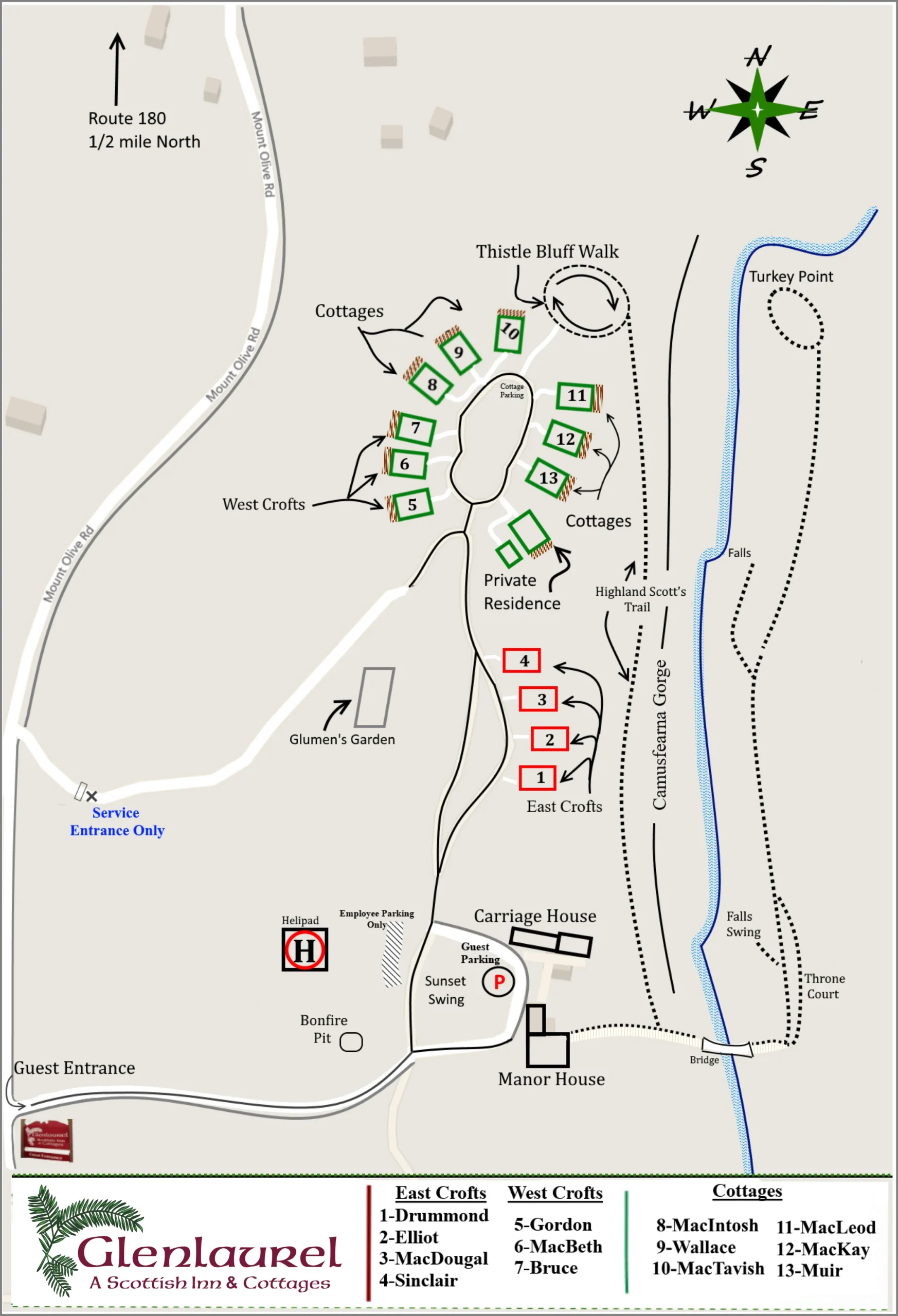 A map of Glenlaurel showing inn buildings, cottages, trails, and guest amenities.