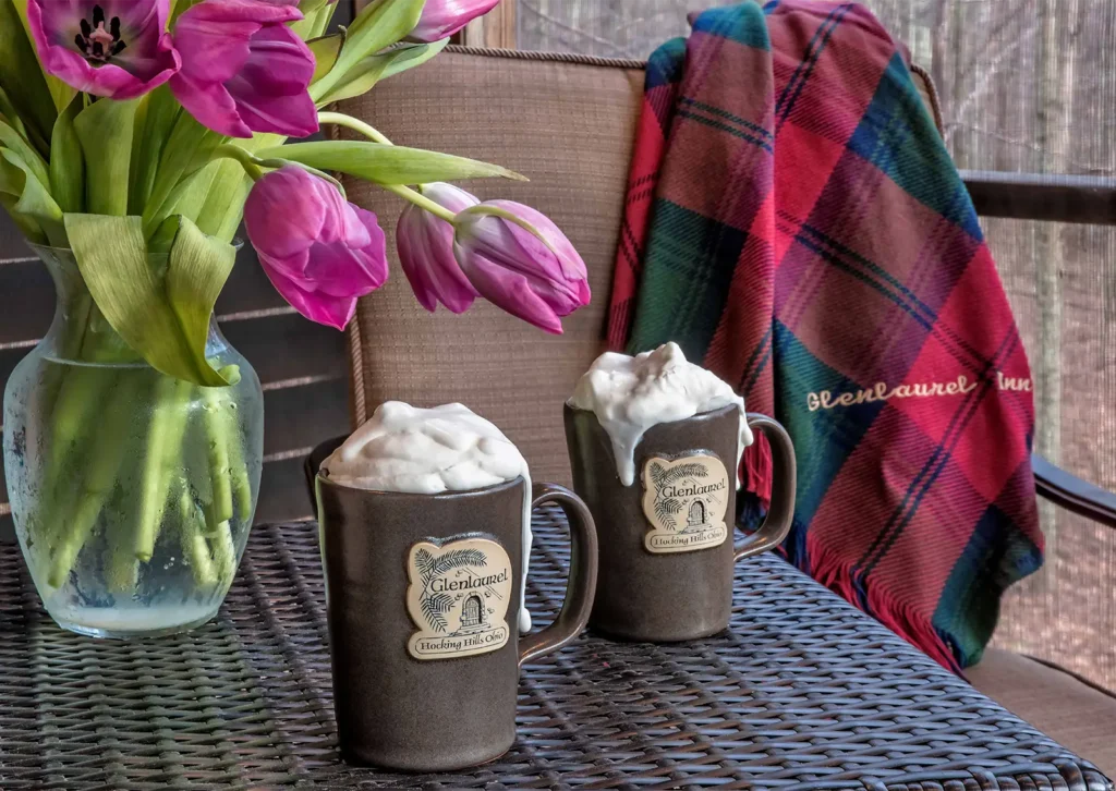 Two mugs of hot cocoa with whipped cream sit on a table next to purple tulips and a plaid blanket.