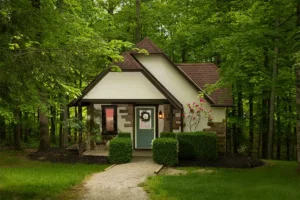 A small, charming cottage with a brown roof and stone accents nestled in a lush green forest.